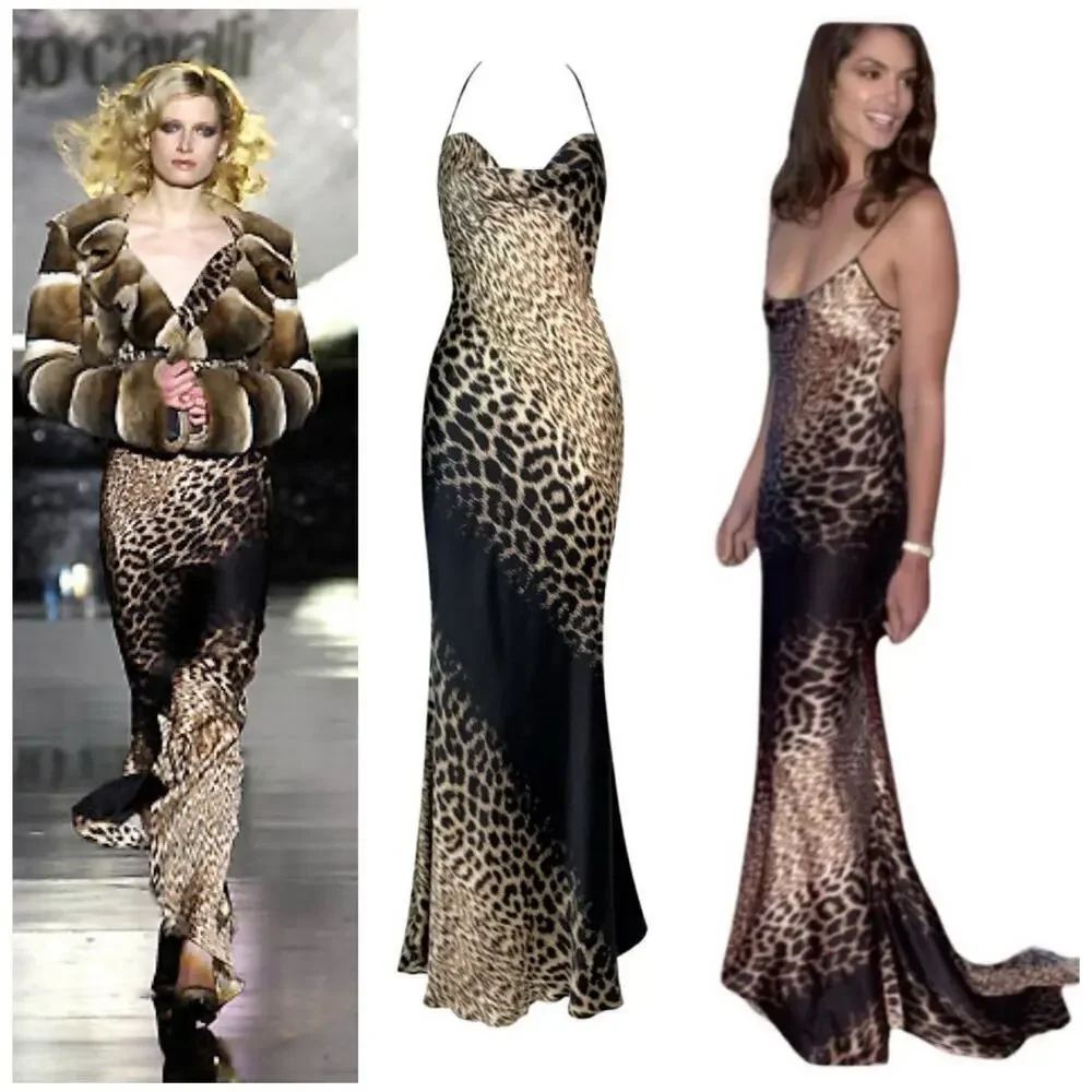 Roberto Cavalli Vintage 2000 Silk Leopard Animal Runway Gown Maxi Slip Dress Y2K